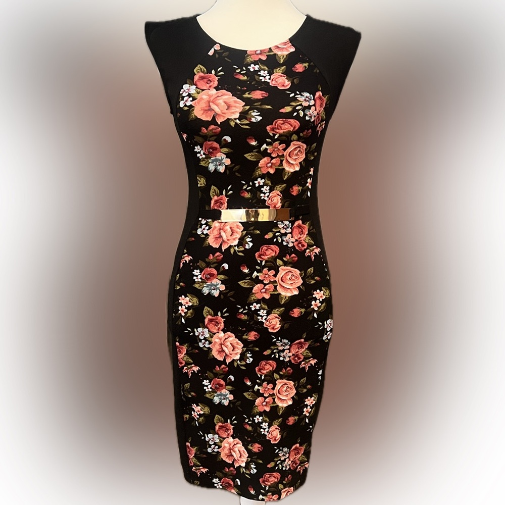 Floral Black Dress with Gold Belt